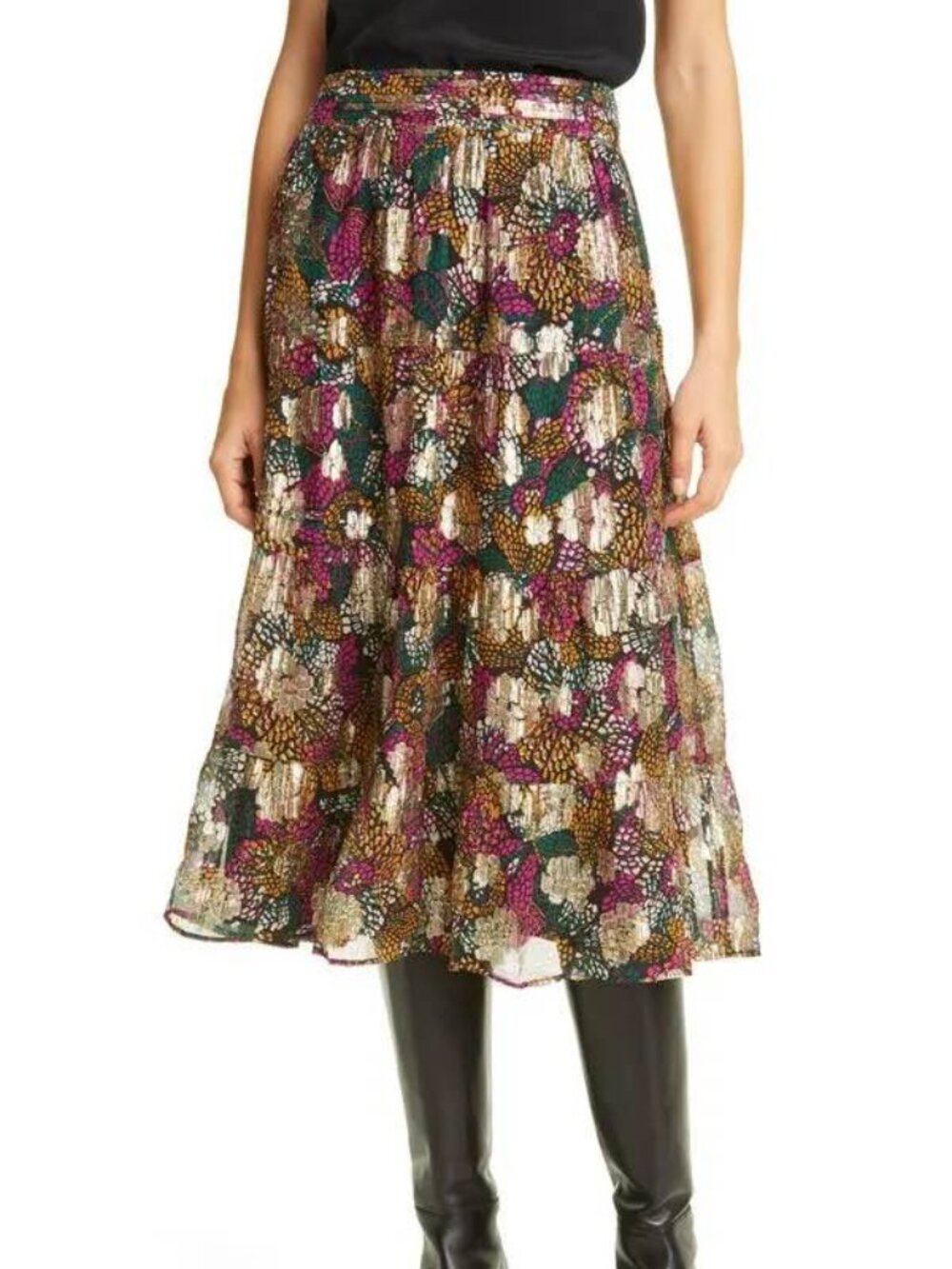 ba&sh Lana tiered midi skirt featuring a metallic floral print size Small
